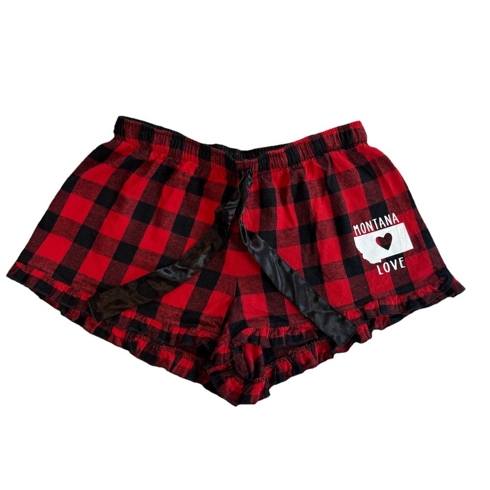 Boxercraft Womens Red Black Montana Love Flannel Satin Bow Ruffle Hem Short Sz L